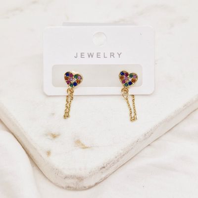 AROS ACERO DORADO CON CADENA - CORAZON STRASS COLOR - Imagen 1