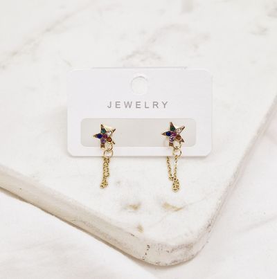 AROS ACERO DORADO CON CADENA - ESTRELLA STRASS COLOR - Imagen 1