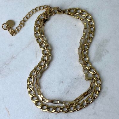PULSERA ACERO DORADO DOBLE CADENA CUBANA Y VENECIANA - Imagen 1