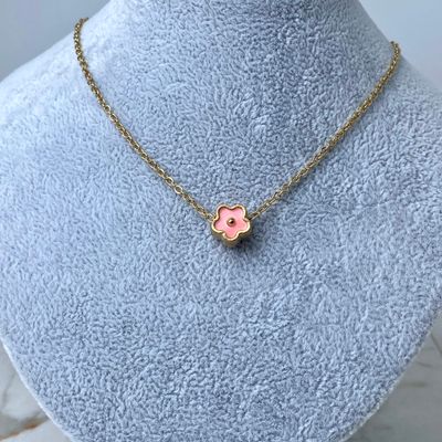 COLLAR ACERO DORADO - FLOR MACIZA ROSA PASANTE - Imagen 1