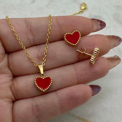 CONJUNTO ACERO DORADO MACIZO - CORAZON ROJO - Imagen 1