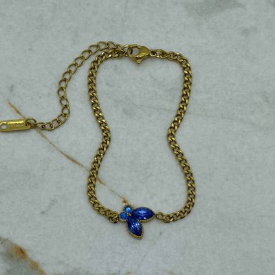 PULSERA ACERO DORADO CUBANA MARIPOSA CON CUBICS AZULES - Imagen 1