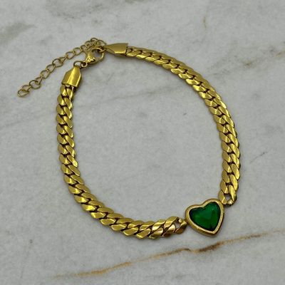 PULSERA ACERO DORADO CUBANA CERRADA CON CORAZON DE CRISTAL VERDE - Imagen 1