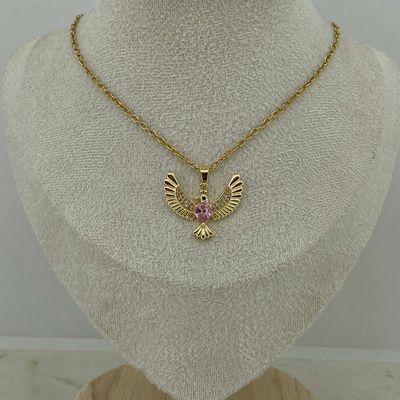 COLLAR ACERO DORADO COLIBRI MACIZO CON MICROCRISTALES Y CUBIC - ROSA - Imagen 1