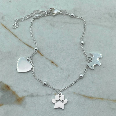 PULSERA ACERO BLANCO FINA CON BOLITAS Y DIJES CORAZON / HUELLA / PERRO - Imagen 1