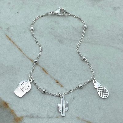 PULSERA ACERO BLANCO FINA CON BOLITAS Y DIJES - CACTUS - Imagen 1
