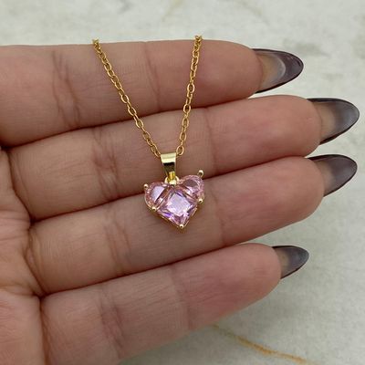 COLLAR ACERO DORADO CUBIC CORAZON GRANDE ENGARZADO ROSA - Imagen 1