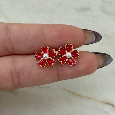 AROS ACERO DORADO FLOR ESMALTADA CON PERLA - ROJA - Imagen 1