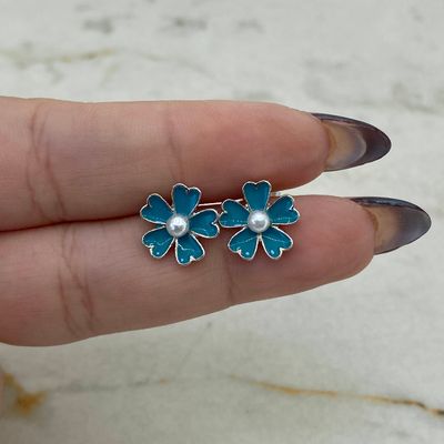 AROS FLOR ESMALTADA CON PERLA - TURQUESA - Imagen 1