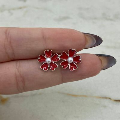AROS FLOR ESMALTADA CON PERLA - ROJA - Imagen 1