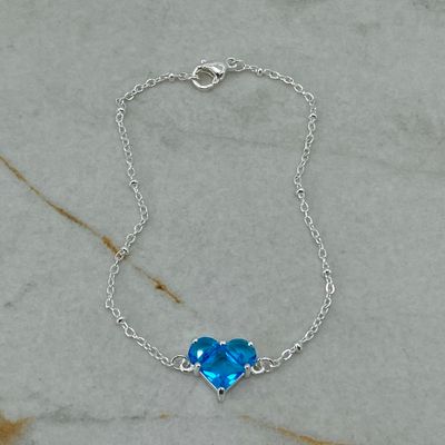 PULSERA ACERO BLANCO CON BOLITAS Y CUBIC CORAZON GRANDE - CELESTE - Imagen 1