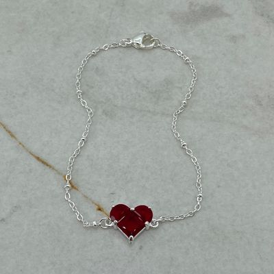 PULSERA ACERO BLANCO CON BOLITAS Y CUBIC CORAZON GRANDE - ROJA - Imagen 1