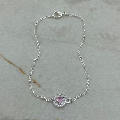 PULSERA ACERO BLANCO CUBIC CHICO CON CALOTA FULL MICROCRISTALES - ROSA - Imagen 1