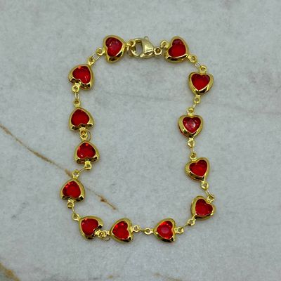 PULSERA ACERO DORADO FULL CORAZONES DE CRISTAL - ROJOS - Imagen 1