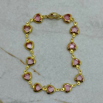 PULSERA ACERO DORADO FULL CORAZONES DE CRISTAL - ROSAS - Imagen 1