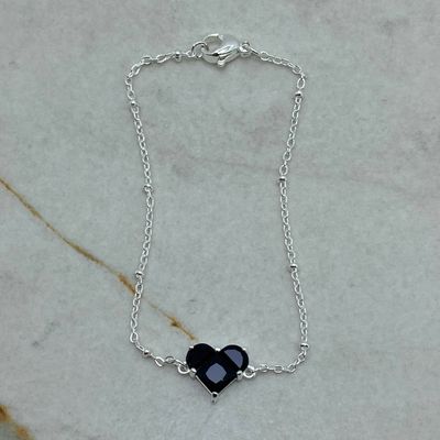 PULSERA ACERO BLANCO CON BOLITAS Y CUBIC CORAZON GRANDE - NEGRO - Imagen 1