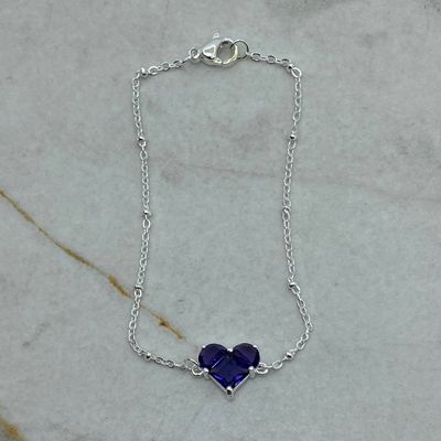 PULSERA ACERO BLANCO CON BOLITAS Y CUBIC CORAZON GRANDE - VIOLETA - Imagen 1