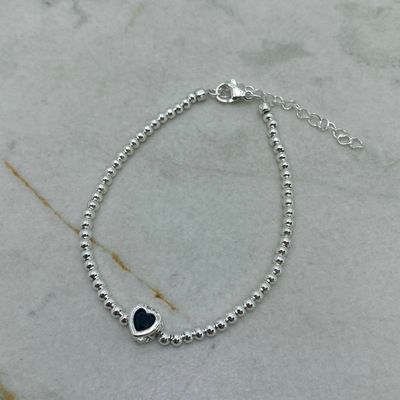 PULSERA ACERO BLANCO FULL BOLITAS CON CUBIC CORAZON NEGRO - Imagen 1