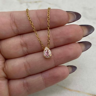 COLLAR ACERO DORADO CUBIC GOTA CON MICROCRISTALES - ROSA - Imagen 1