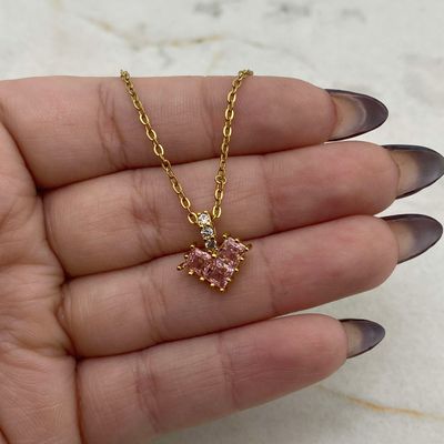 COLLAR ACERO DORADO CORAZON CON CUBICS CUADRADOS - ROSA - Imagen 1