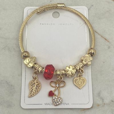 PULSERA ACERO DORADO PANDORA REGULABLE - CEREZA FORMA CORAZON CON MICROCRISTALES - Imagen 1