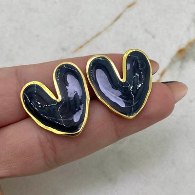 AROS ACERO DORADO CHUNKY ESMALTADO - CORAZON NEGRO - Imagen 1