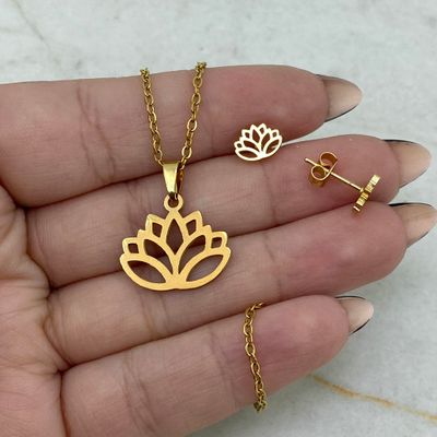 CONJUNTO ACERO DORADO - FLOR DE LOTO - Imagen 1