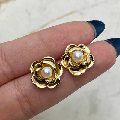 AROS ACERO DORADO ROSA GRANDE CON PERLA - Imagen 1