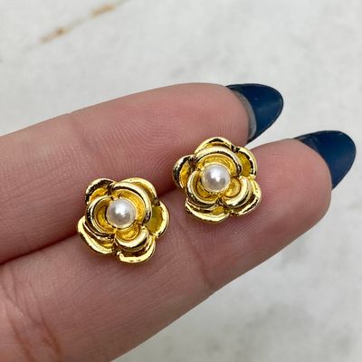 AROS ACERO DORADO ROSA CHICA CON PERLA - Imagen 1