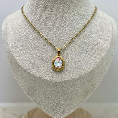 COLLAR ACERO DORADO DIJE OVALADO MACIZO CON CRISTAL -  TORNASOL CLARO - Imagen 1