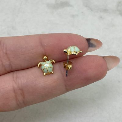 AROS ACERO DORADO TORTUGUITA ESMALTADA - VERDE AGUA - Imagen 1