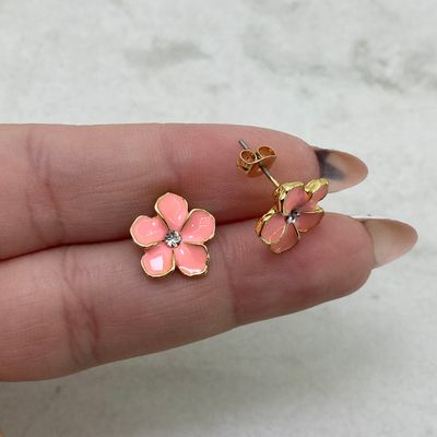AROS ACERO DORADO FLOR ESMALTADA CON STRASS - ROSA - Imagen 1