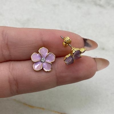 AROS ACERO DORADO FLOR ESMALTADA CON STRASS - LILA OSCURO - Imagen 1