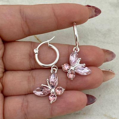 ARGOLLA ACERO BLANCO MINI CON MARIPOSA DE CUBICS - ROSA - Imagen 1