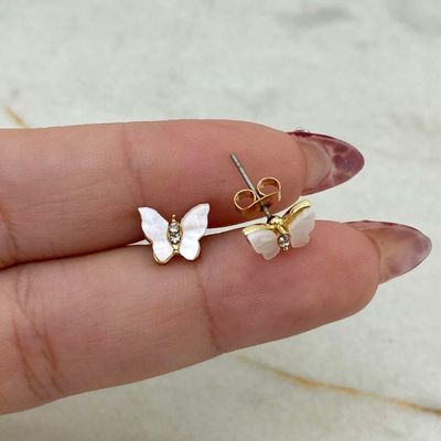 AROS ACERO DORADO MARIPOSA CHICA CON MICROCRISTALES - BLANCA - Imagen 1