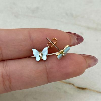 AROS ACERO DORADO MARIPOSA CHICA CON MICROCRISTALES - CELESTE - Imagen 1