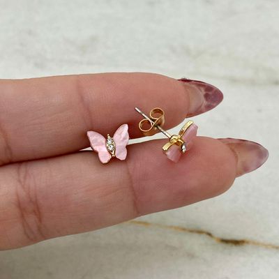 AROS ACERO DORADO MARIPOSA CHICA CON MICROCRISTALES - ROSA - Imagen 1