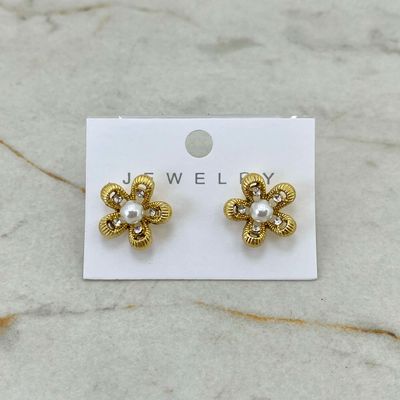 AROS ACERO DORADO FLOR CON STRASS Y PERLA - Imagen 1