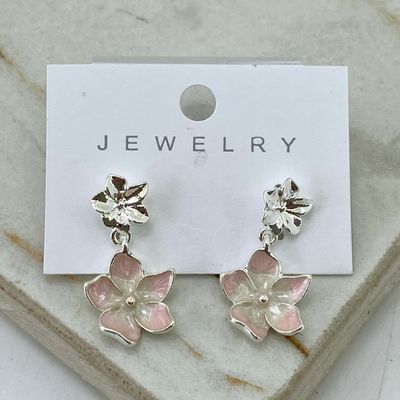 AROS ACERO BLANCO FLOR LISA CON FLOR COLGANTE - ROSA - Imagen 1