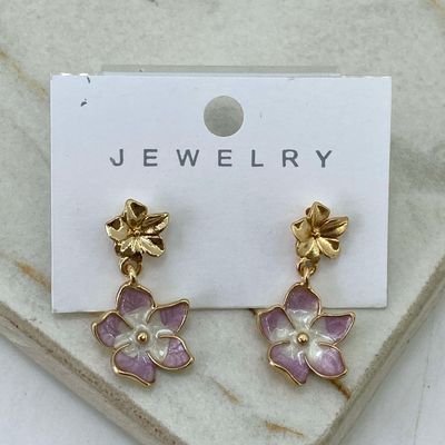 AROS ACERO DORADO FLOR LISA CON FLOR COLGANTE - LILA - Imagen 1