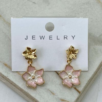 AROS ACERO DORADO FLOR LISA CON FLOR COLGANTE - ROSA - Imagen 1
