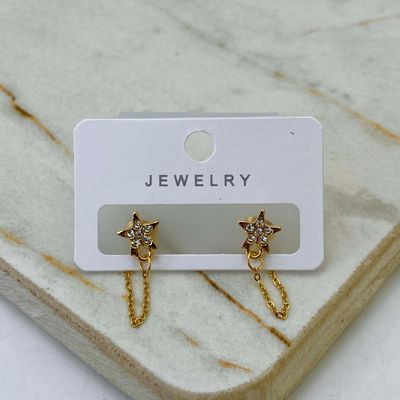 AROS ACERO DORADO CON CADENA - ESTRELLA STRASS BLANCOS - Imagen 1