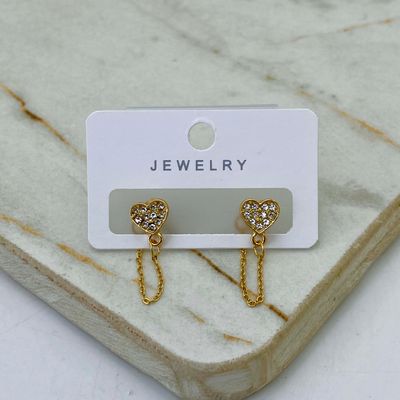 AROS ACERO DORADO CON CADENA - CORAZON STRASS BLANCOS - Imagen 1